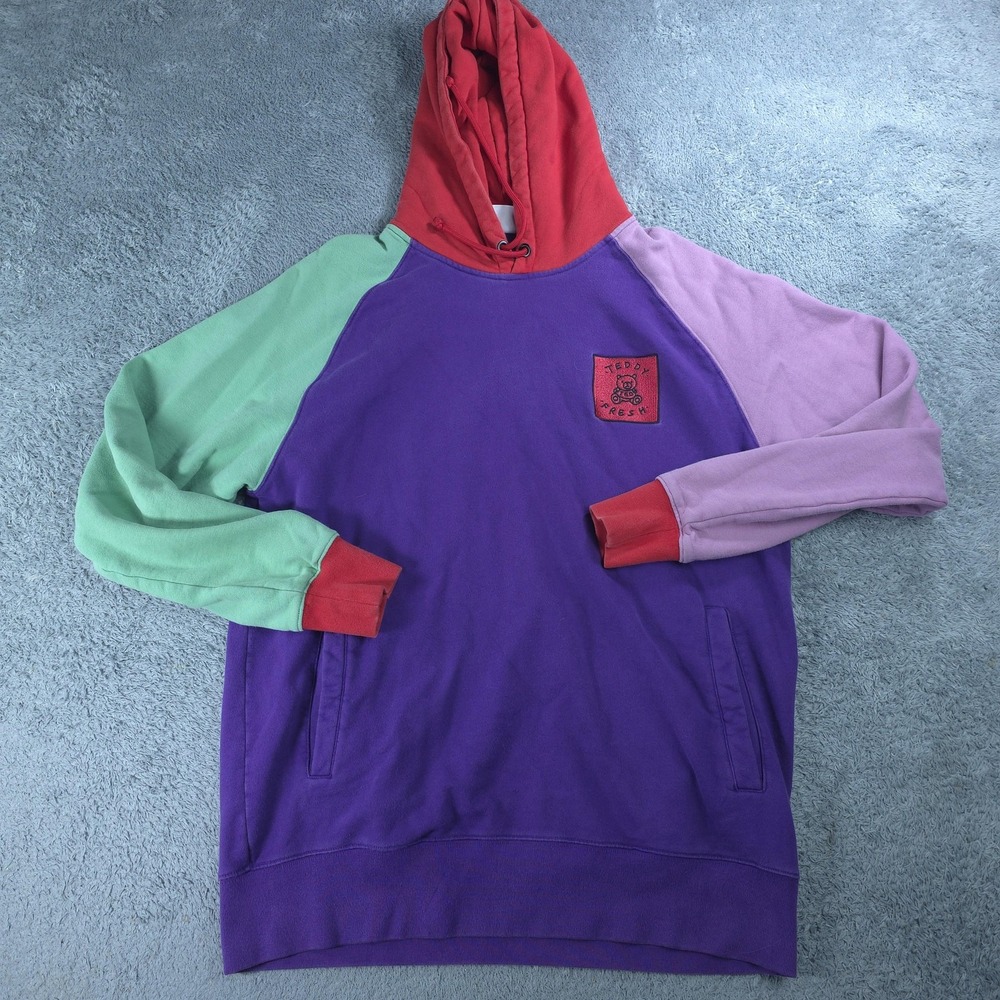Teddy Fresh Hoodie Mens XL Multicolor Colorblock Embroidered Bear Patch Cotton